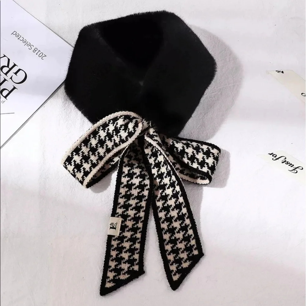 Faux Fur Neck Scarf Houndstooth Foulard Black White Tie